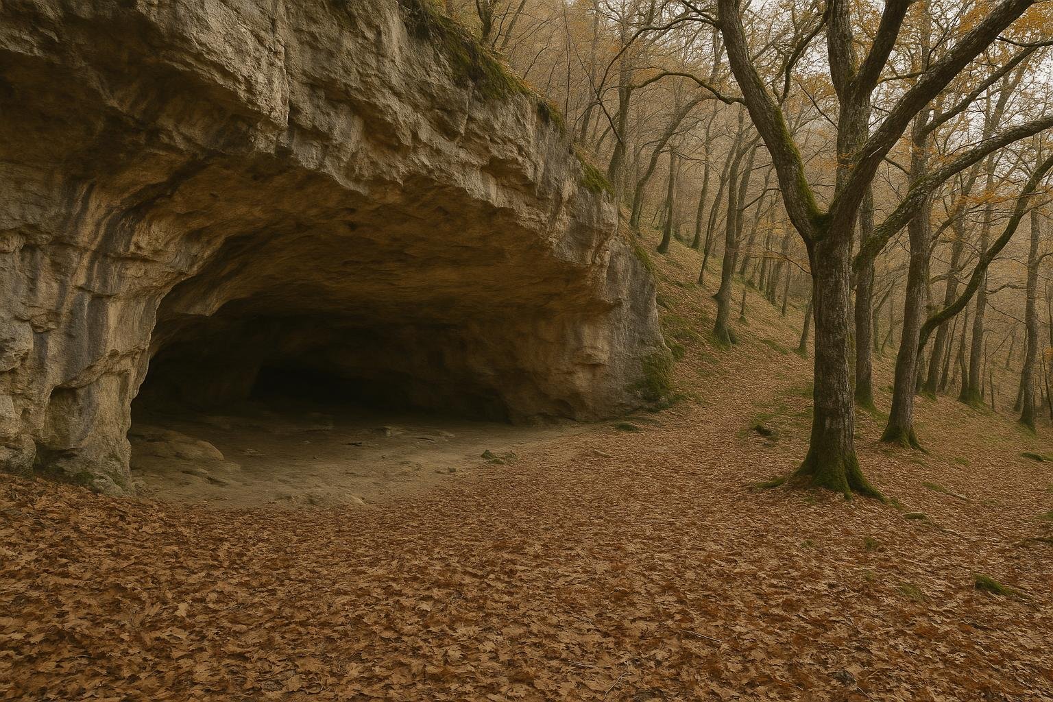 Un abri sous roche calcaire au pied d’une pente boisée de chênes et de châtaigniers