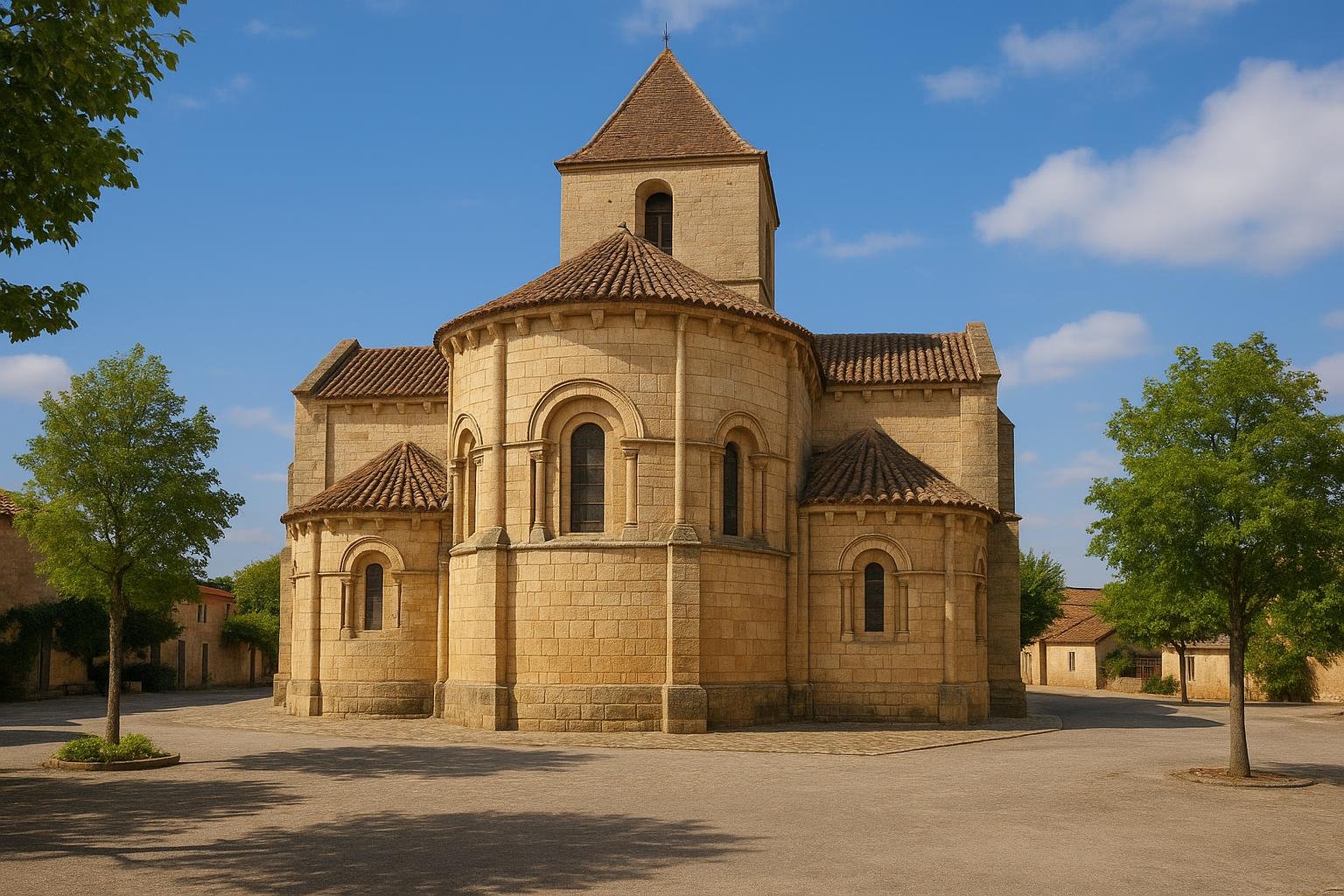 Le chevet à trois absides d’une église en pierre blonde, coiffé de tuiles brunes