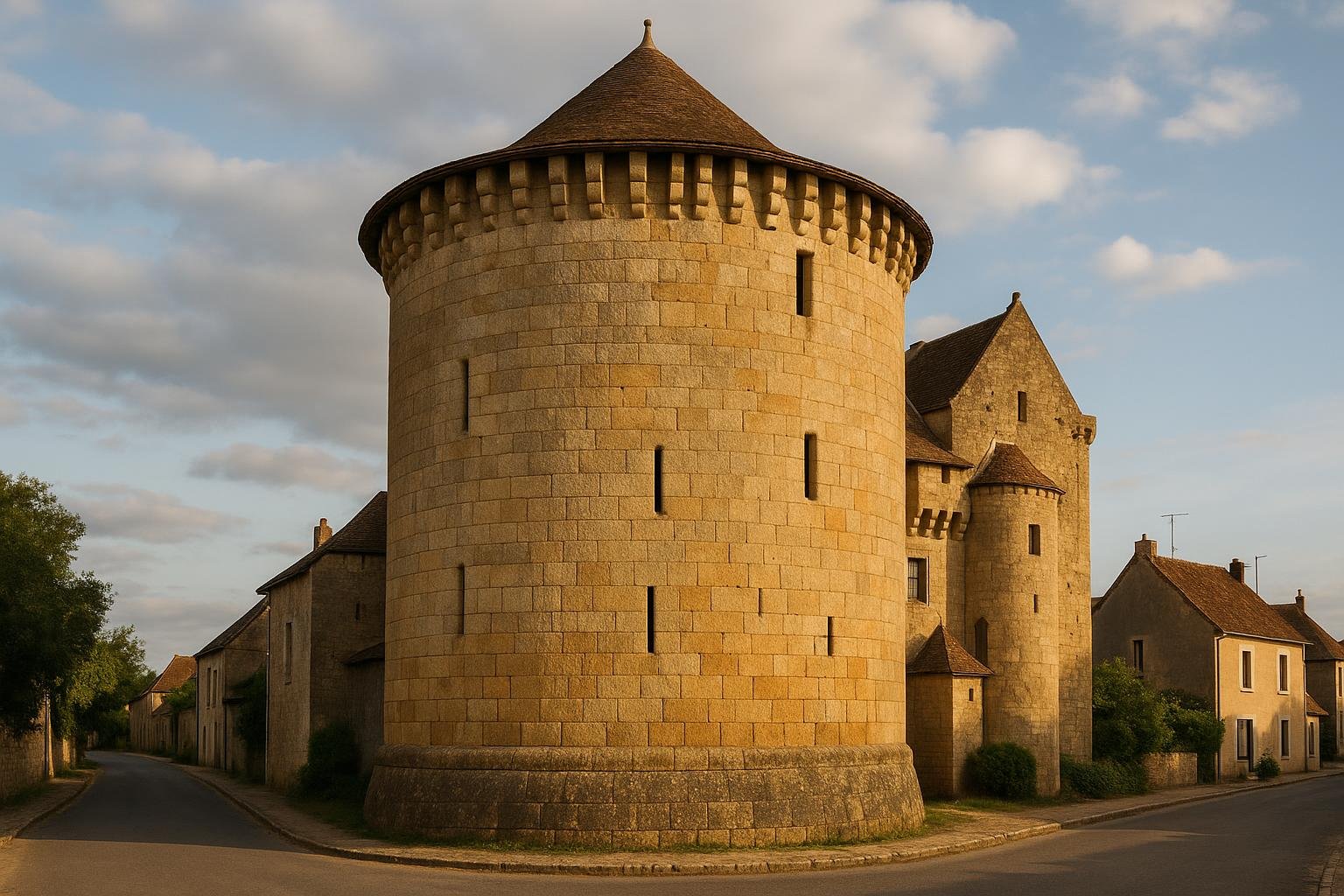 Une grosse tour ronde en pierre, percée de meurtrières, au bord d’une rue de village