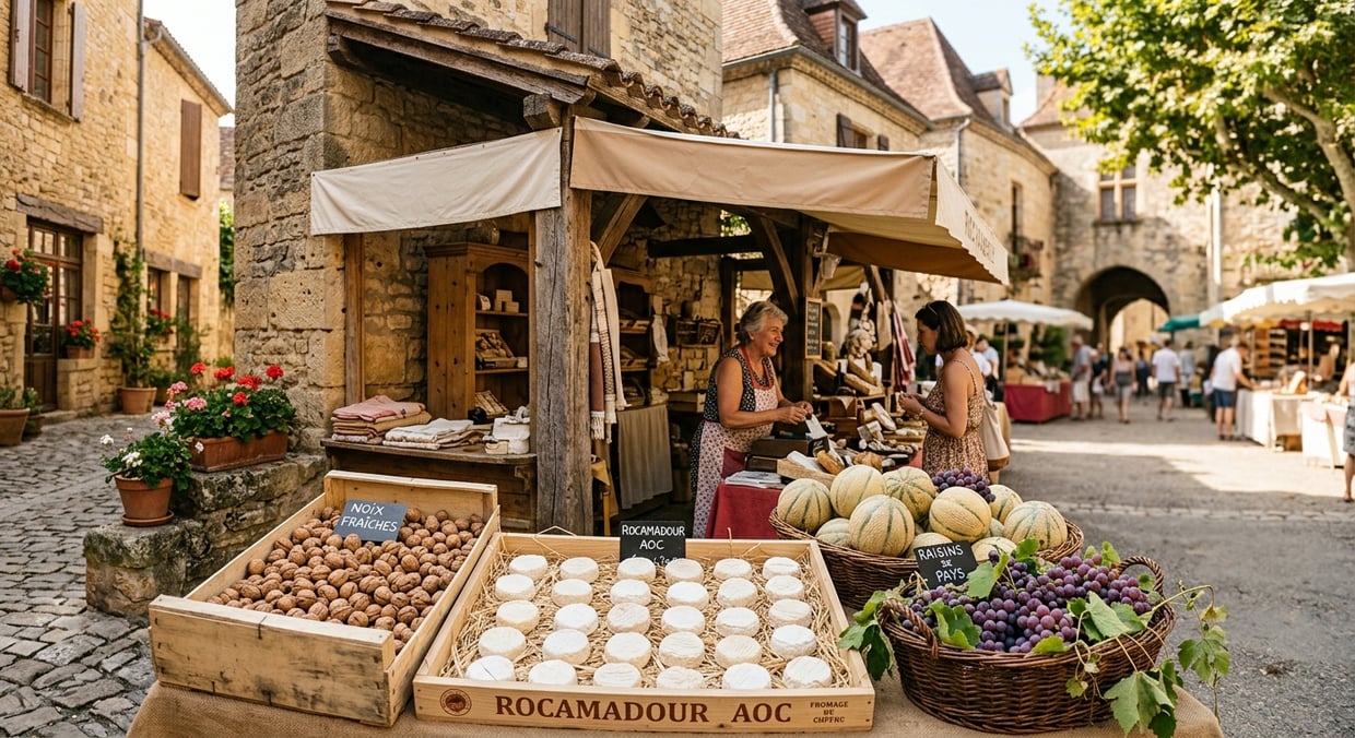 Étal de fromages Rocamadour et noix fraîches de Bouriane